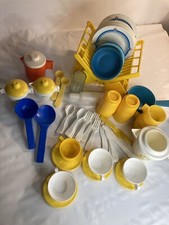 Vintage Fisher Price tea set Play Kitchen Dishes Bowls Silverware Rack.