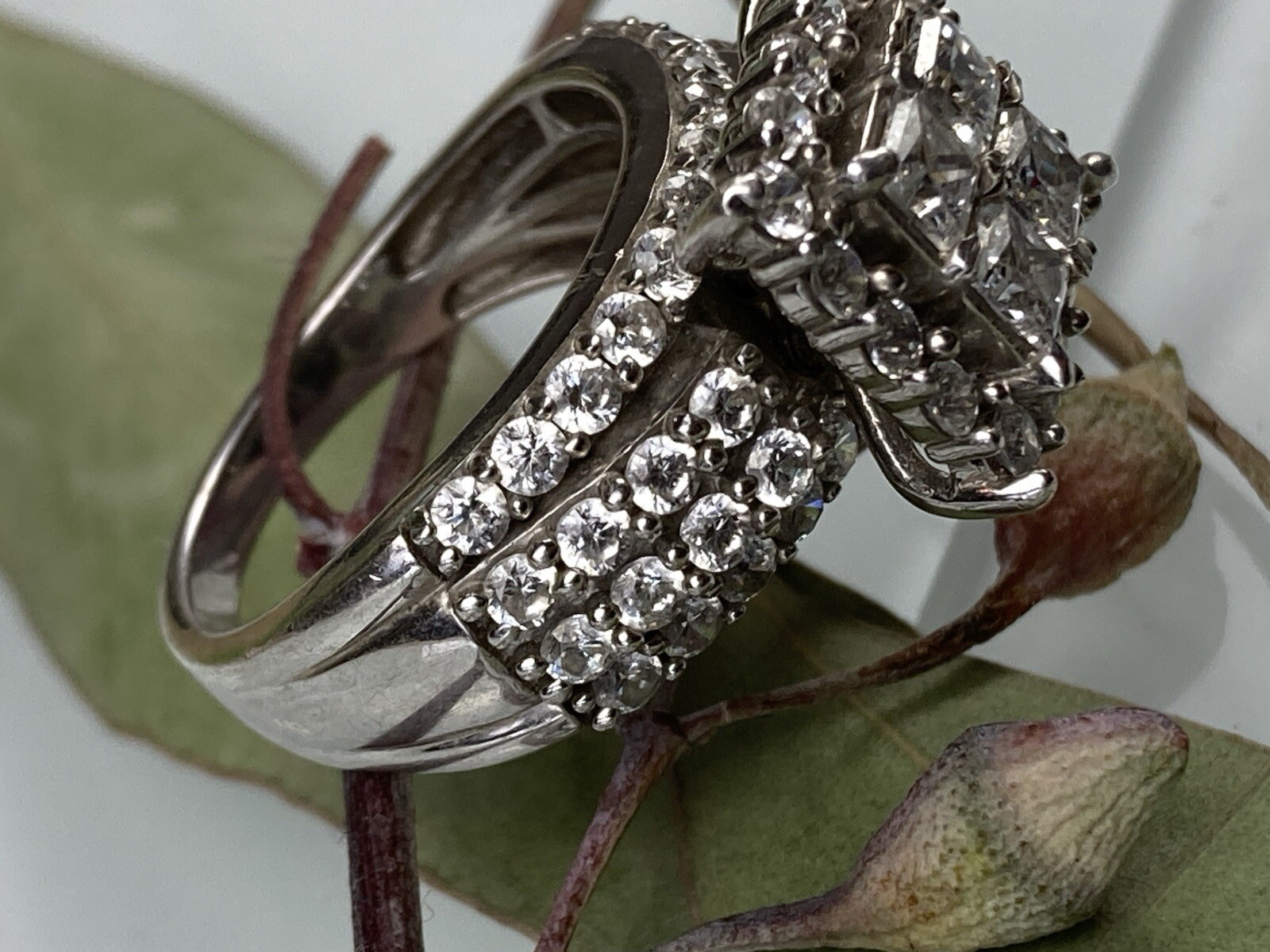 Sterling 925 Solid Silver Iced Cluster Cushion En… - image 5