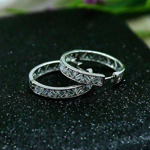 2Ct Baguette Simulated Diamond Hoop/Huggie Earring Women's 14k White Gold Plated - Picture 3 of 7