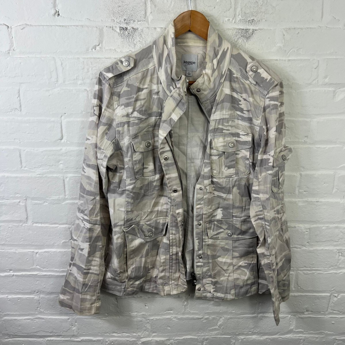 Kenzie Women's Camo Full Zip Utility Jacket Front Pockets Gray Size Large