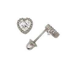 14K Solid Gold Heart Bezel Stud Screw Back Earrings with White CZ Stones Love