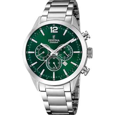 Festina Timeless Chronograph F20343B Men Stainless Strap Green Dial Watch 43.5mm