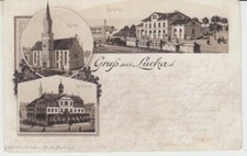 Postcard Thuringia Greetings from Lucka Station Rathau Church 1893 Locomotive