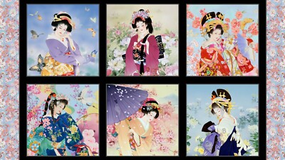 Geiko Geisha Asian Fabric Ladies Gold Cotton #3406 B Elizabeths Studio 24'' Panel