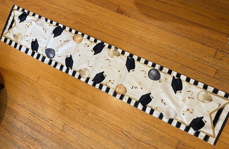 Graduation Theme Table Runner--Mortar Board & Balloon Design (Gold & Black) 