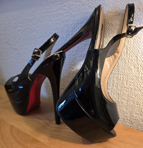 Riemchen High Heel Lack Pumps; Gr. 40; schwarz; 15 cm Absatz; rote Sohle - Bild 5 von 7