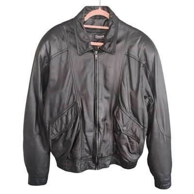 Vintage Byrnes & Baker Mens Black Leather Bomber Jacket XL Long Thinsulate Lined