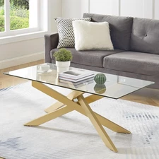 Gold Coffee Table for Living Room, Modern Glass Coffee Table with 47" Tempere...