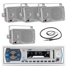 Pyle Marine USB Bluetooth White Radio,3.5"Silver Box 200W Speakers with Antenna