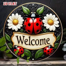 Ladybird Welcome Sign Daisy Floral Metal Plaque 20cm Garden Decor - Waterproof