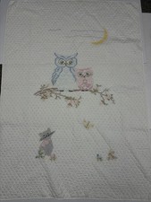Finished Hand cross stitched baby quilt owl cat Blue/Pink