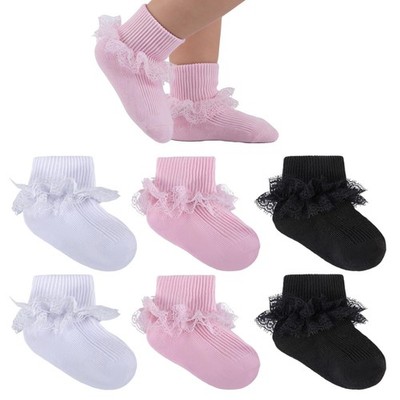 MKYSZLT Baby Girl Ruffle Socks Double 6-12 Months, 6 Pairs - Black,white,pink 