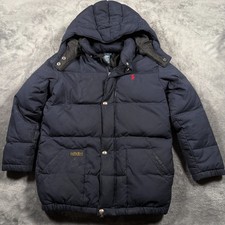 Vintage Polo Ralph Lauren Puffer Jacket Boys 7 Black Down Pony Logo Hooded