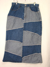Vtg Y2K 90s Denim Maxi Skirt L 100 Cotton Blue Patchwork Long Frayed Grunge