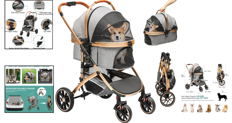 Hundewagen 3 in 1 Nylon faltbar für kleine Hunde bis 20kg, leicht, stabil - Bild 2 von 4