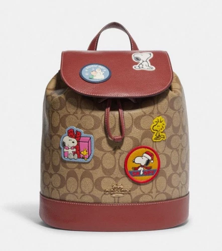 Zaino Coach Dempsey con coulisse nuovo con etichette in pelle firmata stampa arachidi Snoopy