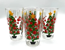 Vintage Set of 4 Hazel Atlas Christmas Tree Design Tumblers Glasses 5” Tall