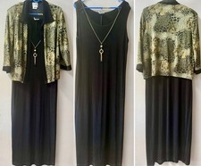 R M RICHARDS 2 PIECE MOSS/GOLD OPEN FRONT JACKET STRETCH MAXI TANK DRESS SIZE 16
