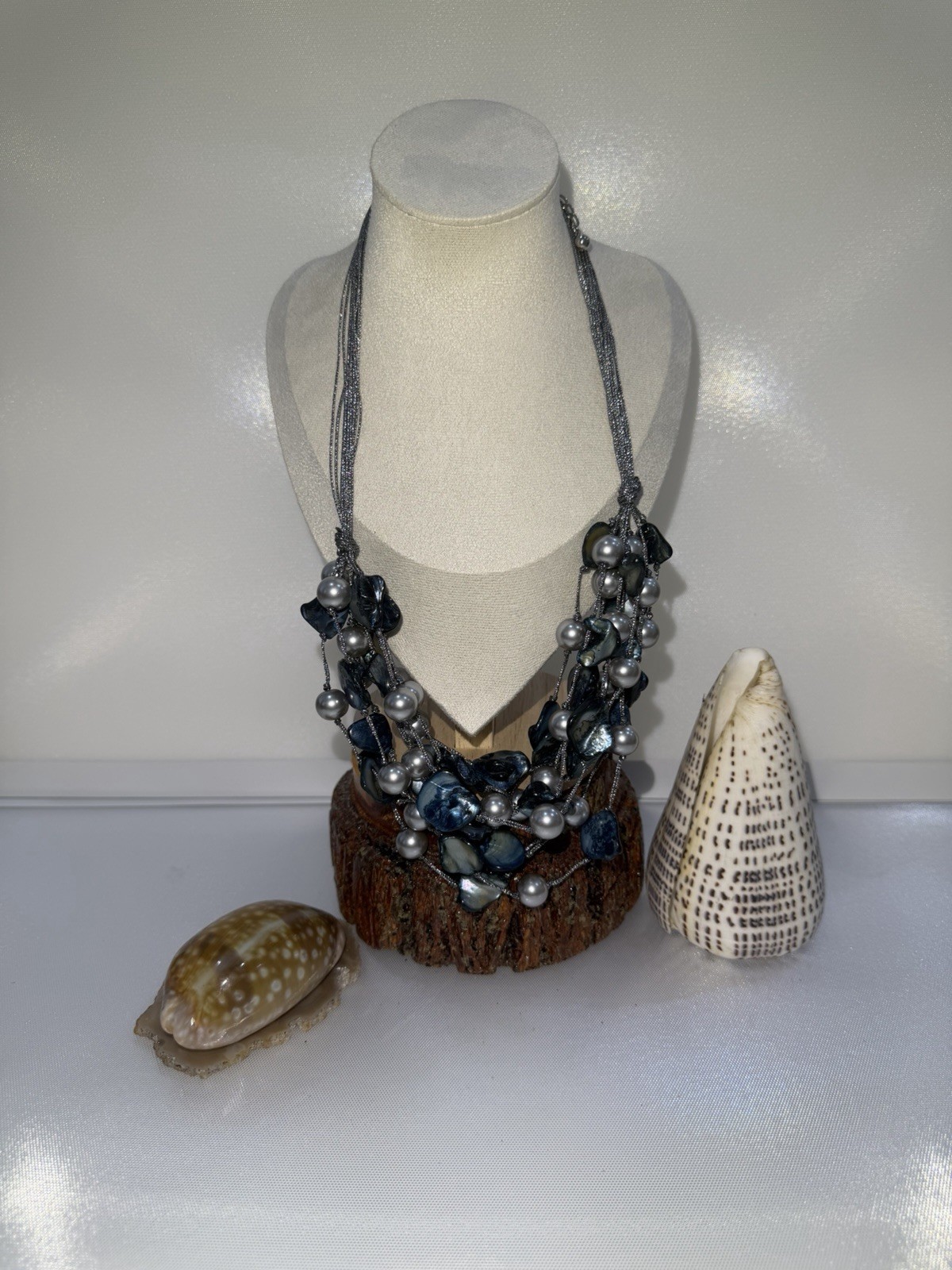 Statement Multi-Strand Blue Shell & Grey Pearl Ne… - image 1