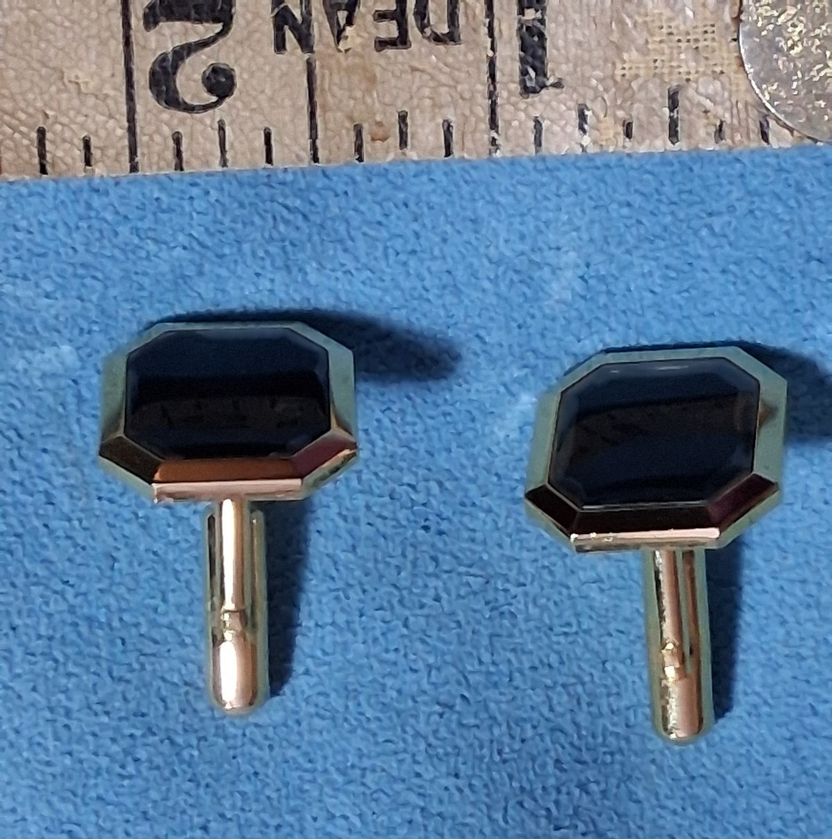 Vintage Gold Tone and Onyx inset Cufflinks Hexagonal Beveled Edge Black Stone image 3