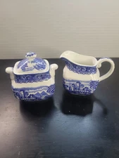 Vintage Staffordshire Ironstone River View Canterbury Creamer & Sugar W/ Lid