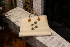 Vintage L.L.BEAN Canvas Firewood Log Holder Leather Handles PINE CONES