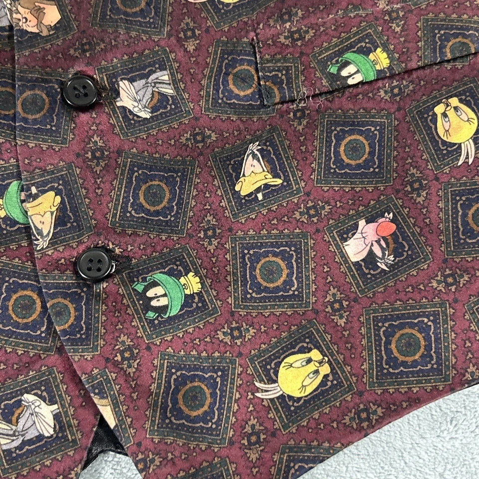 Vtg Looney Tunes Mania Formal Tuxedo Suit Vest Mens Large Aop Marvin Taz Silk - Image 4 of 4