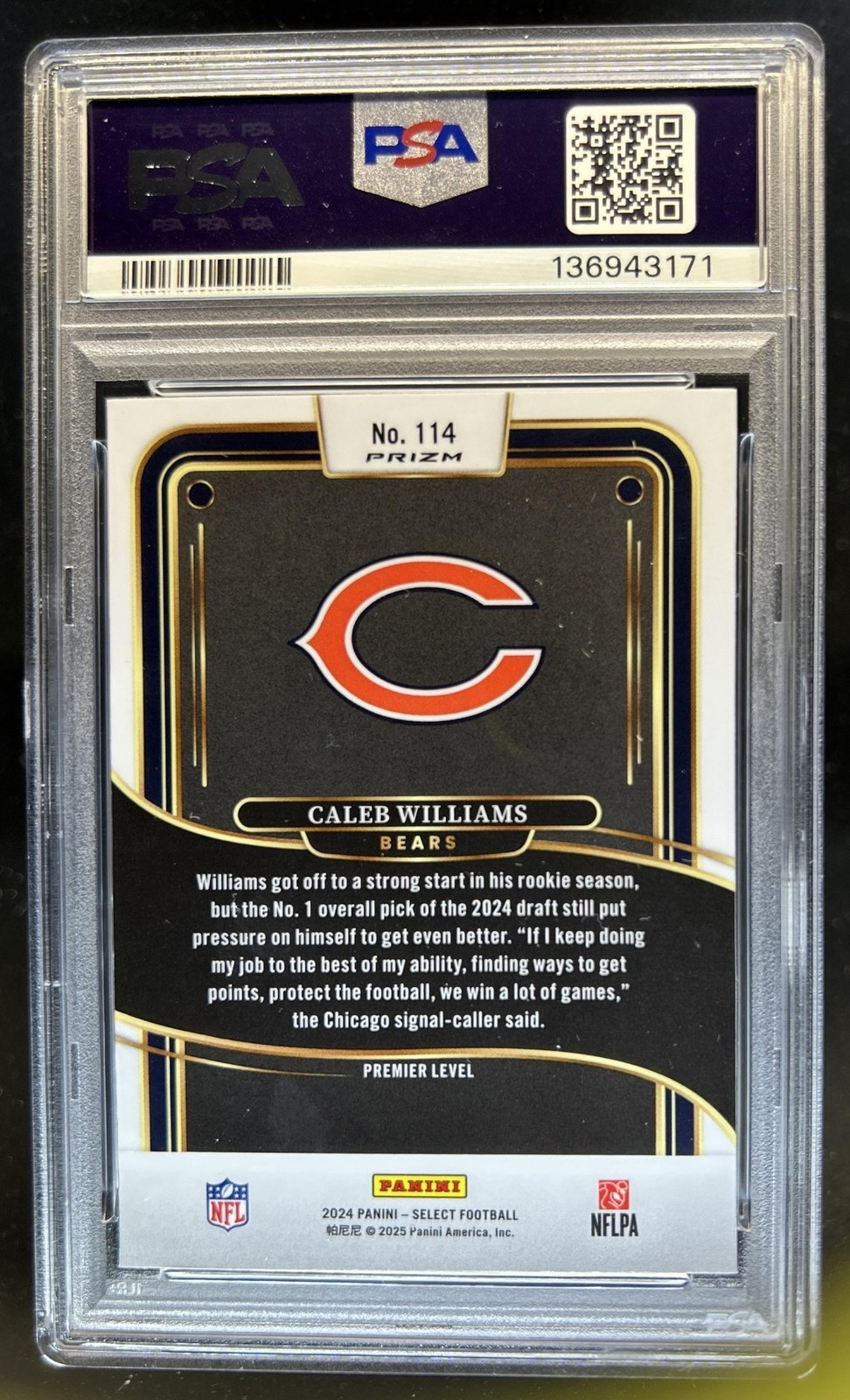 2024 Panini Select Caleb Williams Premier SSP Zebra Prizm Shock RC #114 PSA 9 view 2