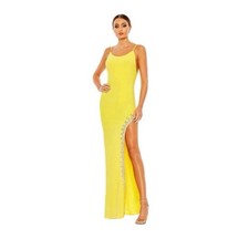 Mac Duggal Yellow Rhinestone Encrusted Side Slit Cami Bodycon Gown Size 8 NWTq