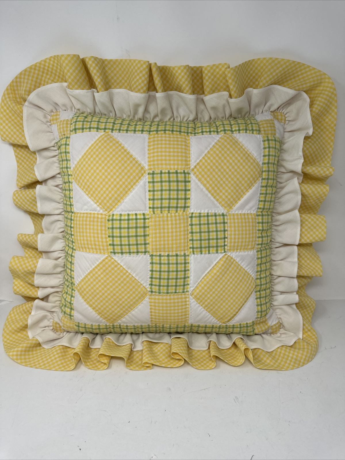 Vintage Yellow Quilted Throw Pillow Gingham Farmhouse Shabby Ruffles 20” Sq eBay