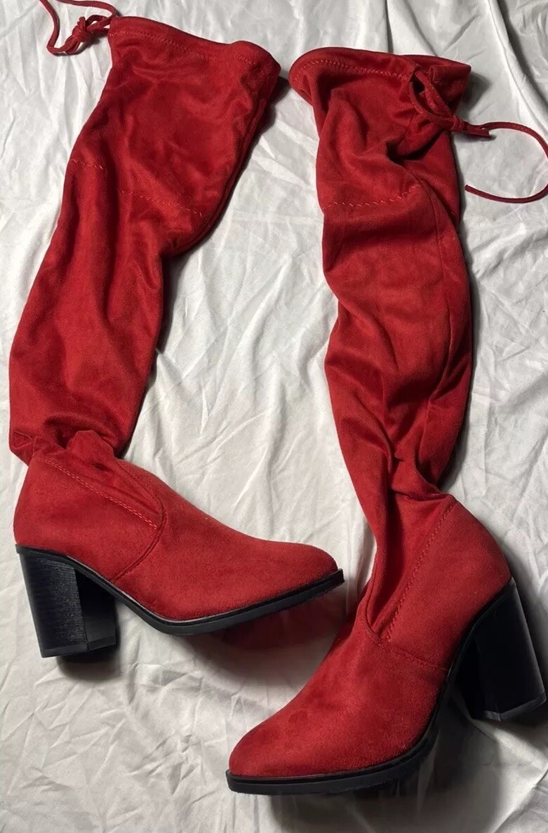 Forever Dream Red Suede Over-the-Knee Boots Size 6 with Strap Ties Pull-Up Holiday Style