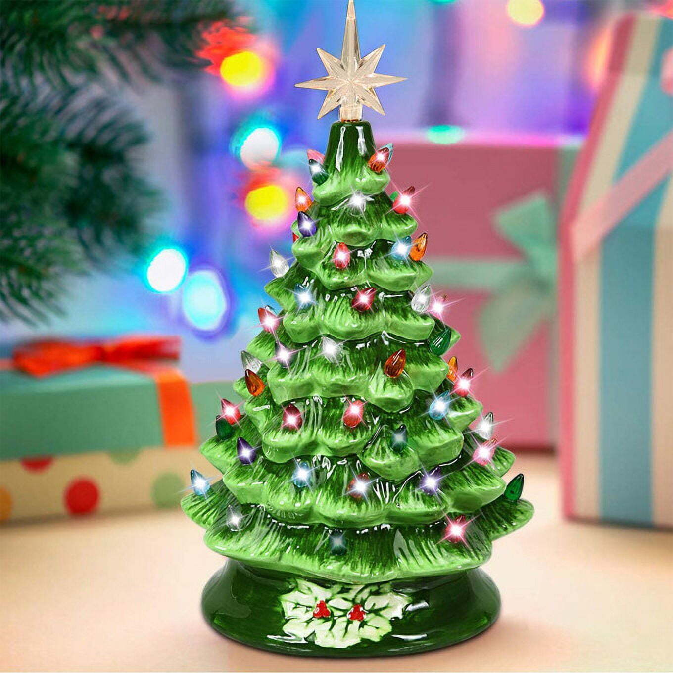 15 inch Large Ceramic Christmas Tree Plug in Tabletop Artificial Green