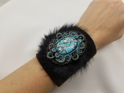 Designer Genuine Leather Adjustable Bracelet with Real Fur and Natural Stones