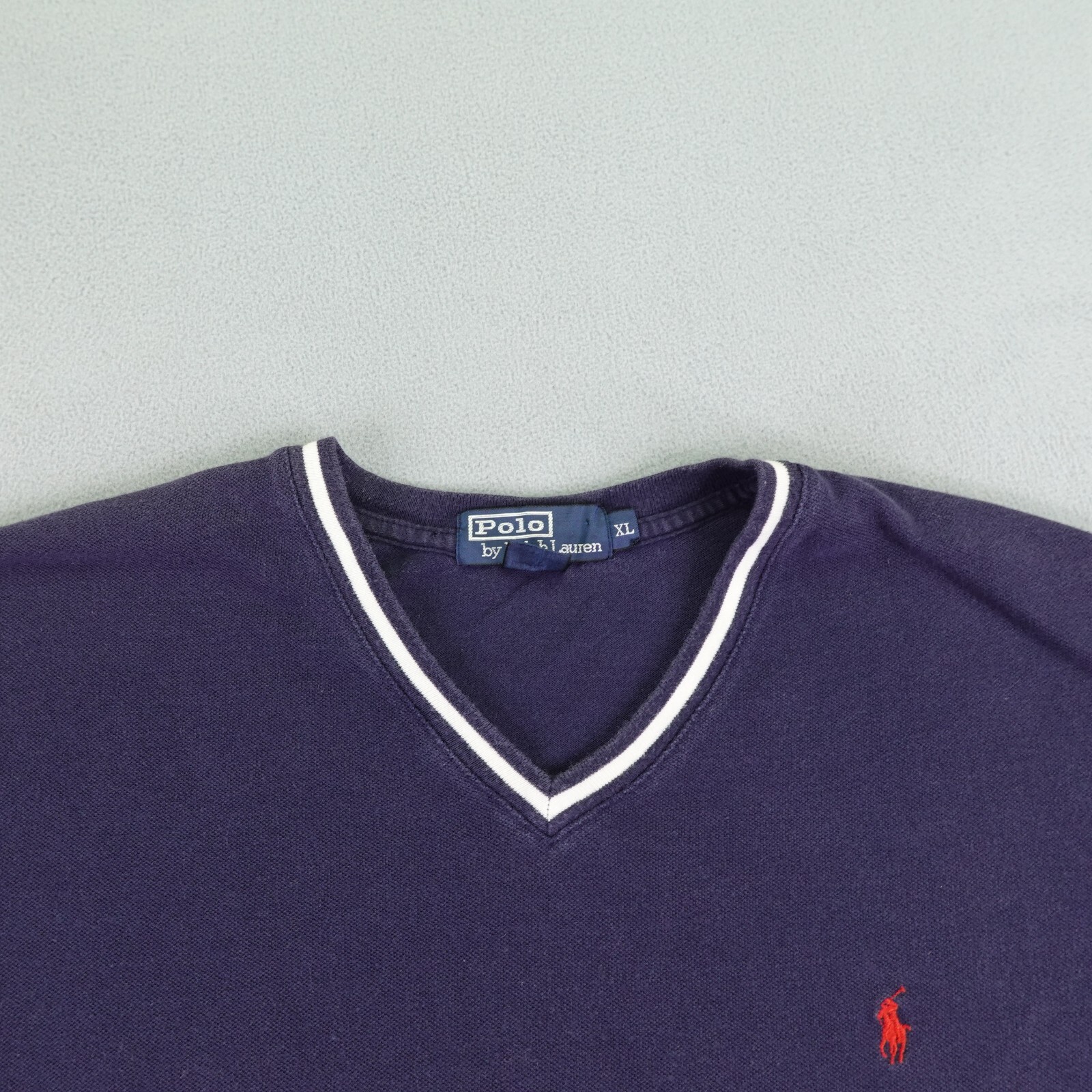 Polo Ralph Lauren vintage camicia uomo XL blu bianca doppia punta scollo a V rosso pony