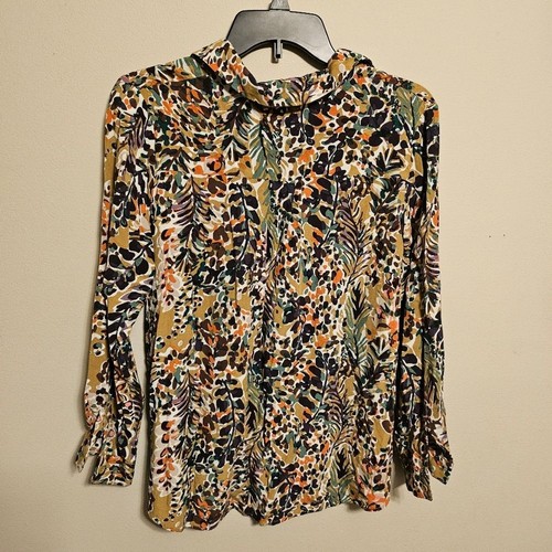 Bohme Button Down Long Sleeve Collared Floral Blouse Small Olive Green Brown - Picture 9 of 9
