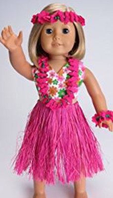 PINK HAWAIIAN GRASS HULA SKIRT Luau W/3 Leis & SWIMSUIT fit American Girl Doll