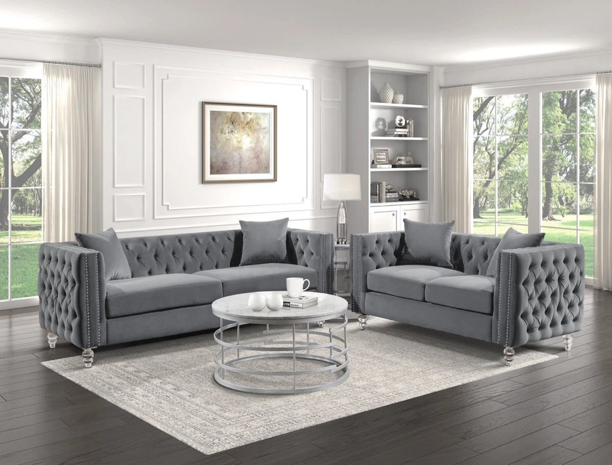 Grey Tufted Sofa Velvet Baci Living Room
