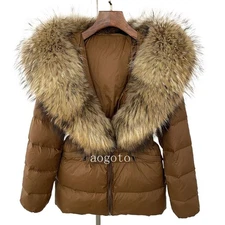 WarmJacket Women Real Raccoon Fox Fur Collar White Duck Down Winter Coat Thick