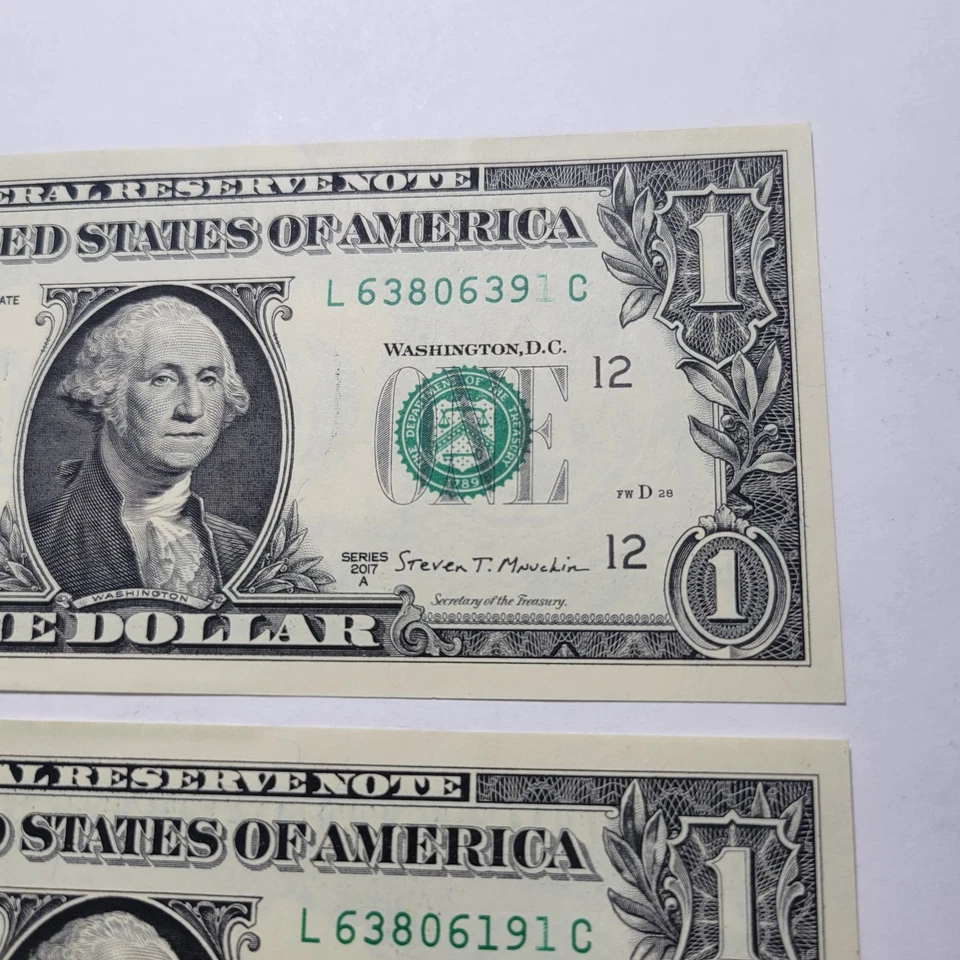 2017 A Fed Res $1 Dollar Notes ~ Obstructed Ink Print ERROR Serial# ~ Same Sheet - Image 3 of 4