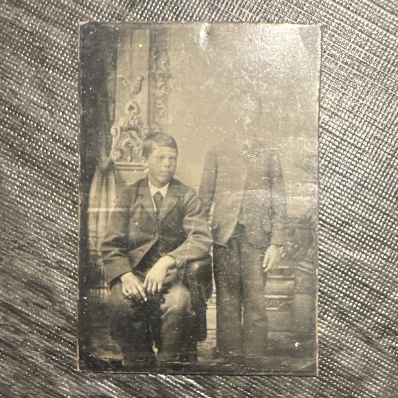 Black & White Portrait Photo of Seated Man w/ Standing Figure, 1 Photo TIN