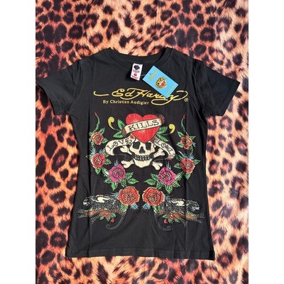 Y2K Ed Hardy Love Kills Skull Rose Strass T-Shirt Schwarz Größe M