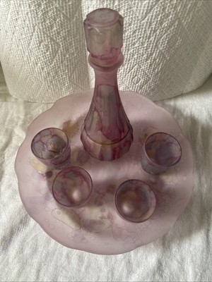 Art Nouveau ARC FRANCE 7  Decanter,4 Shot Glasses, 8 Tray Frosted Satin Drip Set