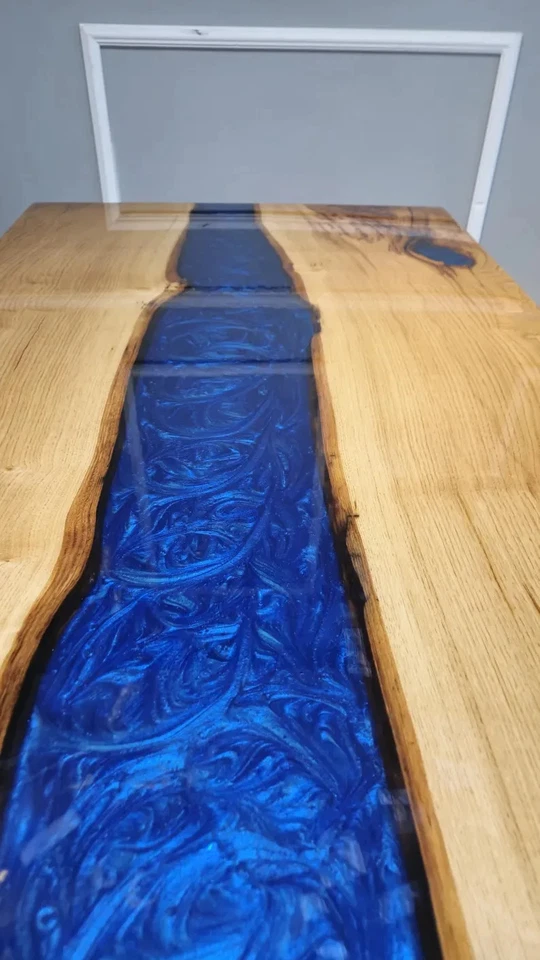 Blue Epoxy River Table: Live Edge Chestnut Dining Table, Custom Resin Furniture - Image 2 of 4