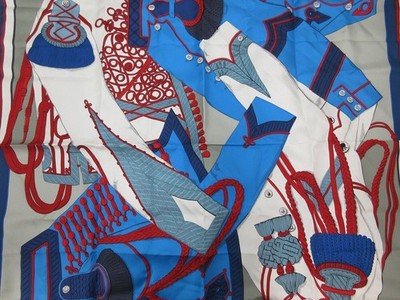 Auth Excellent HERMES Scarf 100% Silk ZOUAVES ET DRAGONS Blue Multi Color 103311