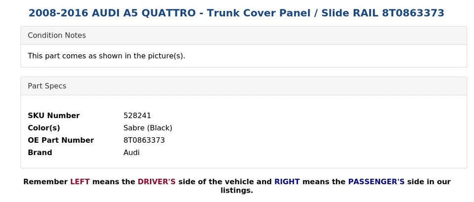 AUDI A5 QUATTRO 2008-2016 - Panel de cubierta de maletero / carril deslizante 8T0863373 Foto 4 de 4