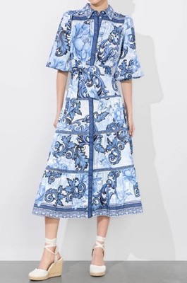 Alice + Olivia Geneva Midi Dress In Blue Scroll Symphony NWT Sz M Free Ship
