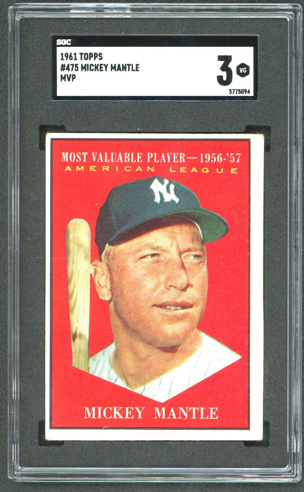 1961 Topps #475 Mickey Mantle MVP SGC 3 VERY GOOD HOF