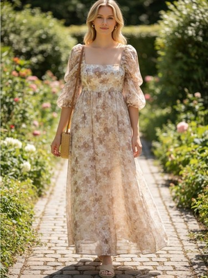 #ad Storia Floral Puff Sleeve Maxi Dress Size Large $45.00