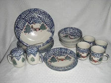 VTG Christmas Tienshan Folk Craft Cabin in the Snow Stoneware 17 pc