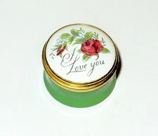 CRUMMLES ENGLISH ENAMEL BOX - VINTAGE "I LOVE YOU" -PINK ROSE & BUD- ANNIVERSARY